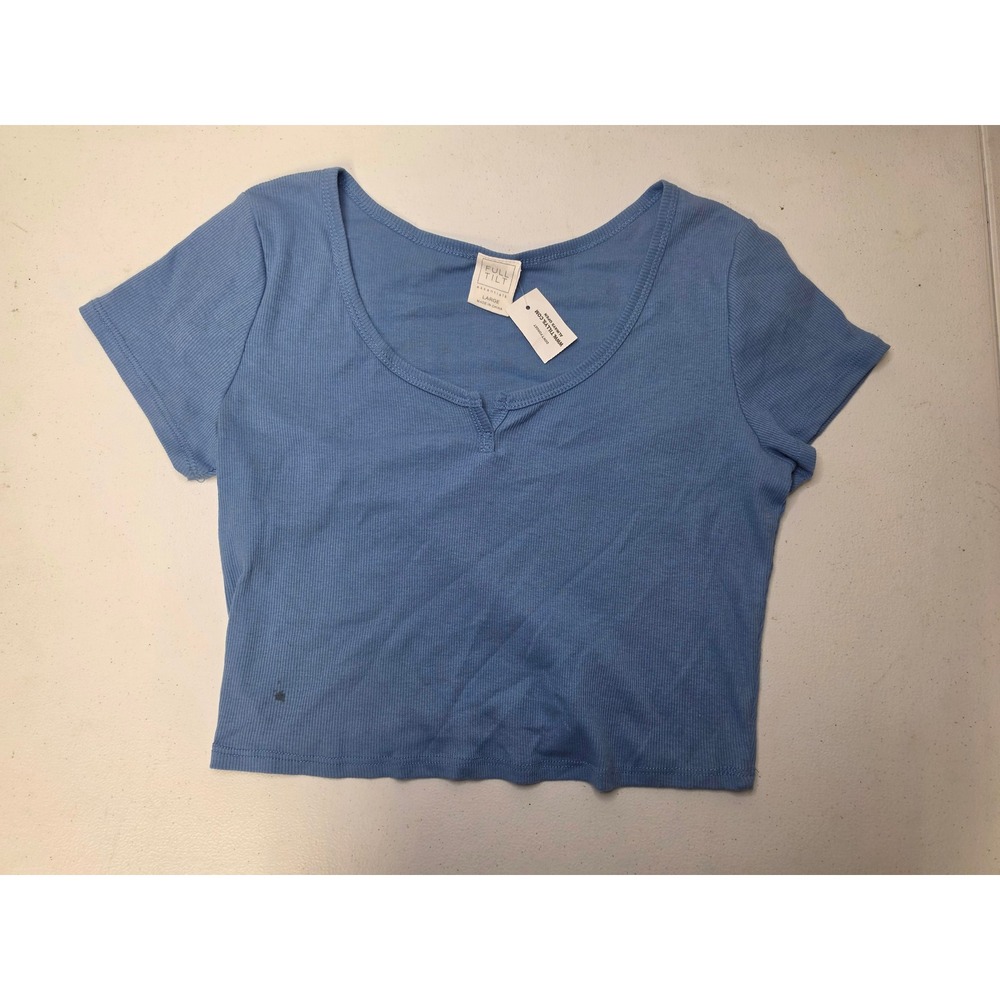 Full Tilt Essentials Blue Ribbed Notch Neck Crop Top Large NWT
